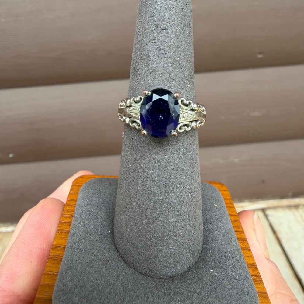 Vintage Filigree Ring Womens‎ Size 7 Silver Tone Blue Oval Stone Statement Ring - Picture 3 of 7